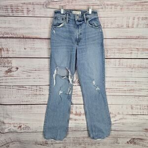 Abercrombie & Fitch 90's Straight High Rise Jeans Sz 24 Busted Knee Grunge Denim